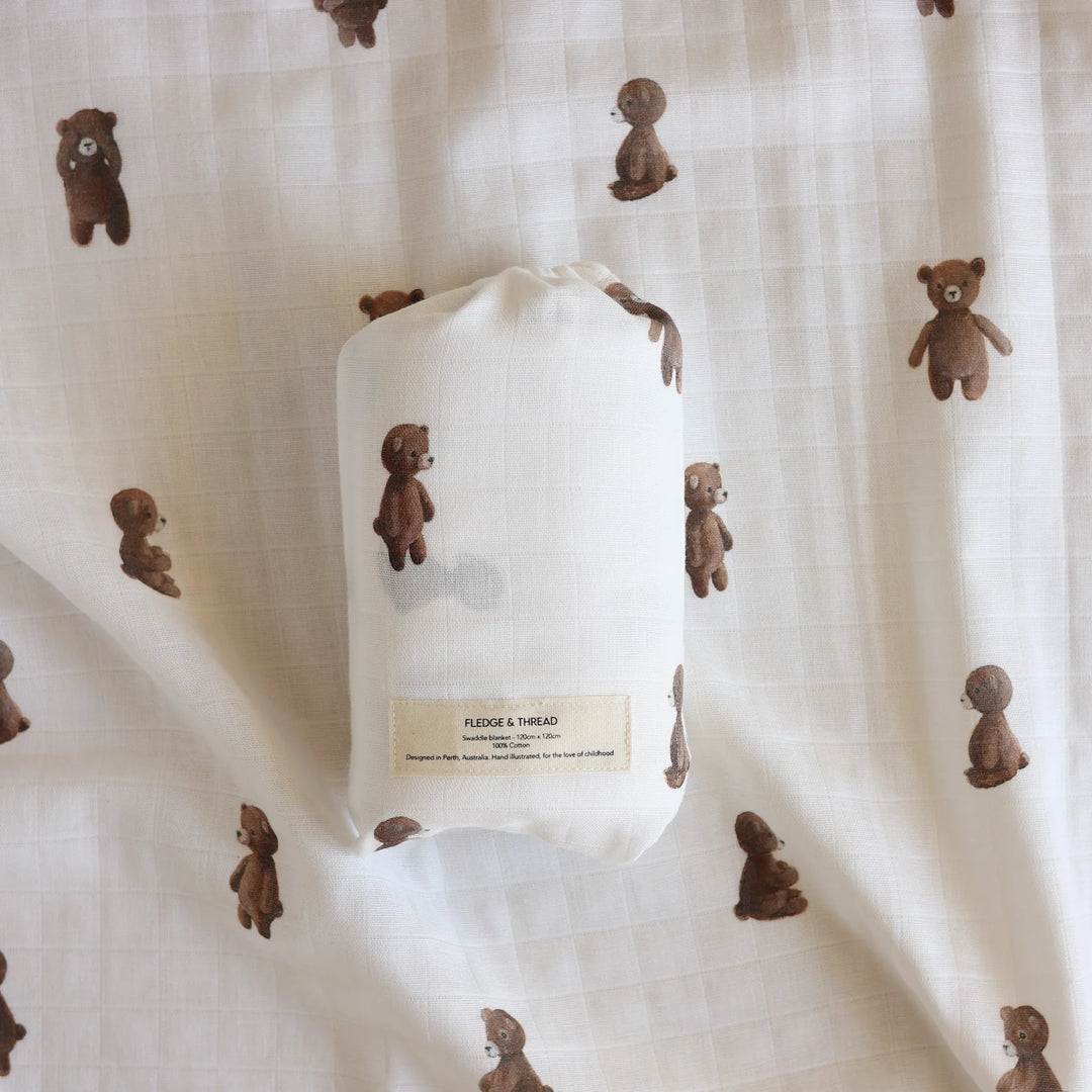Fledge and Thread Muslin Swaddle - Teddy Bear