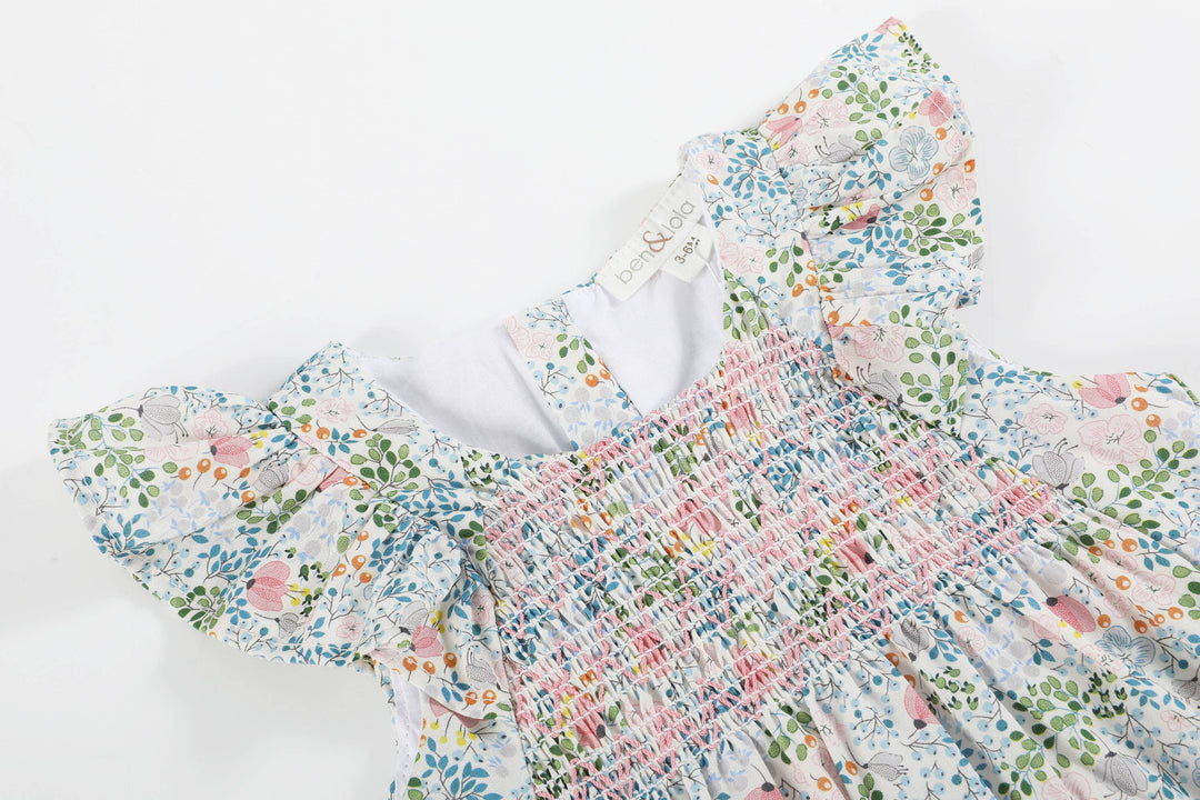 Ben & Lola Inger Floral Frill Smock Baby Sunsuit - Soft Blue