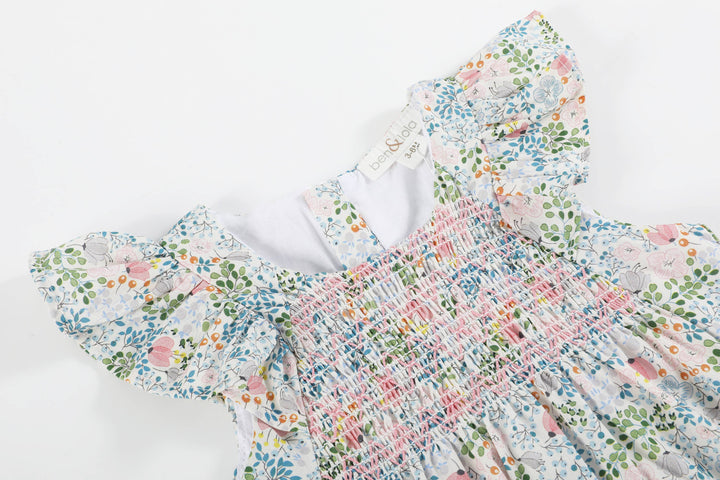 Ben & Lola Inger Floral Frill Smock Baby Sunsuit - Soft Blue