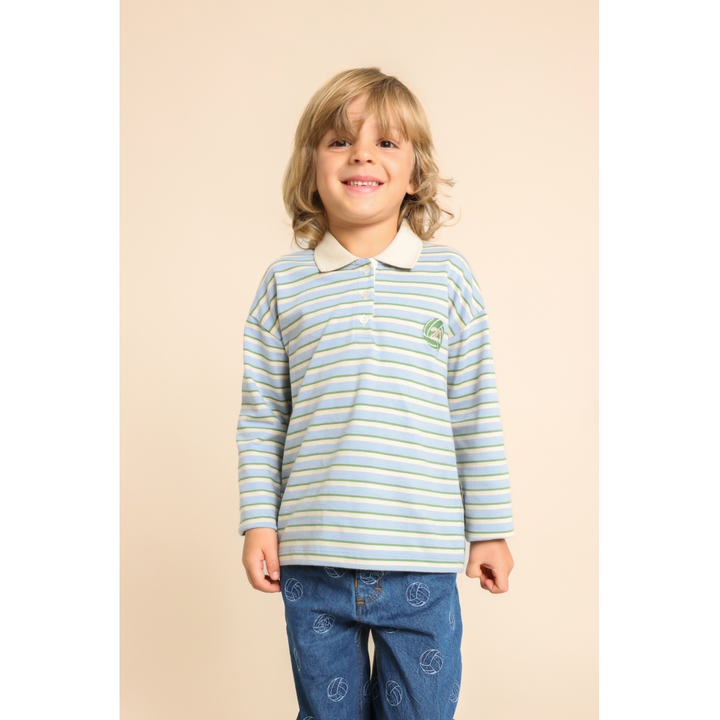 Flöss Conrad Polo Top - Blue Air / Green Stripe