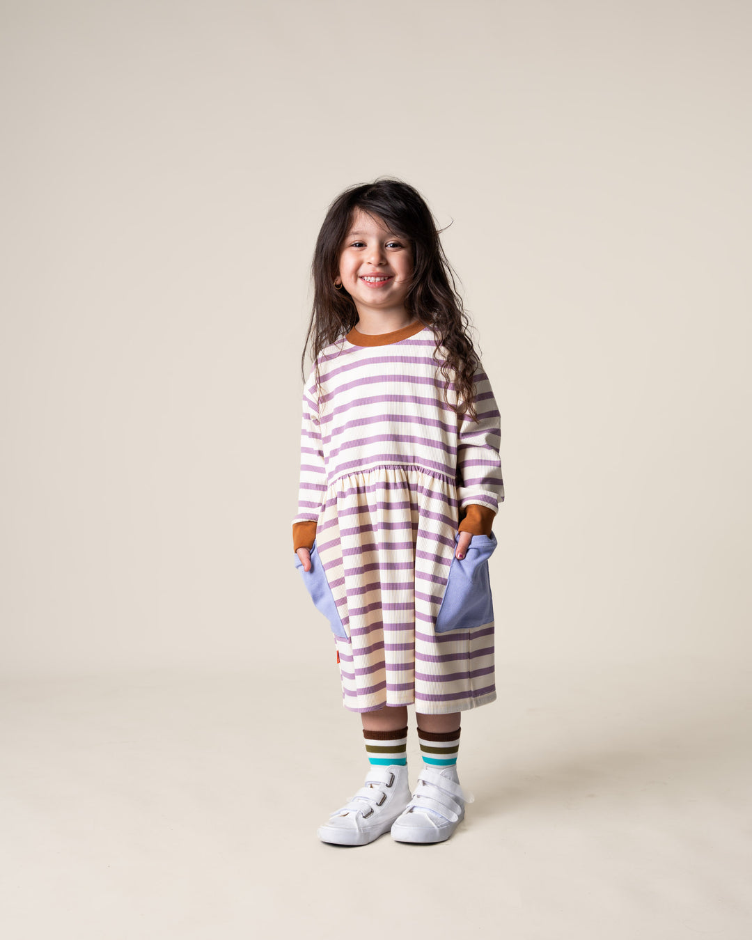 Das Ist Maurice Long Sleeve Bell Dress - Purple Stripes