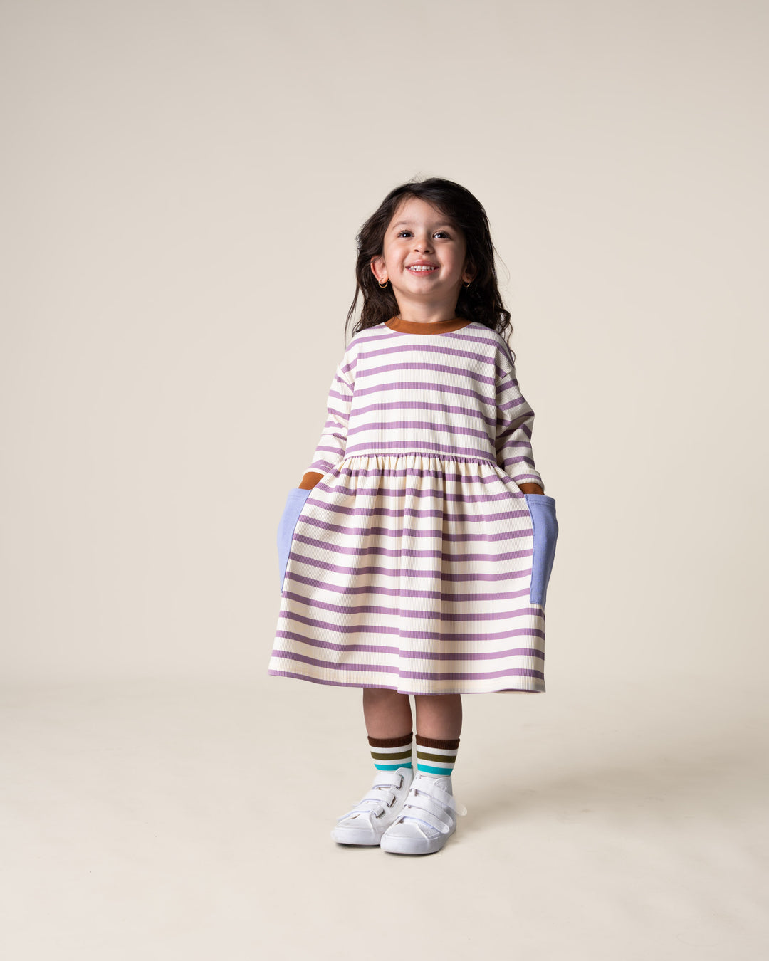 Das Ist Maurice Long Sleeve Bell Dress - Purple Stripes
