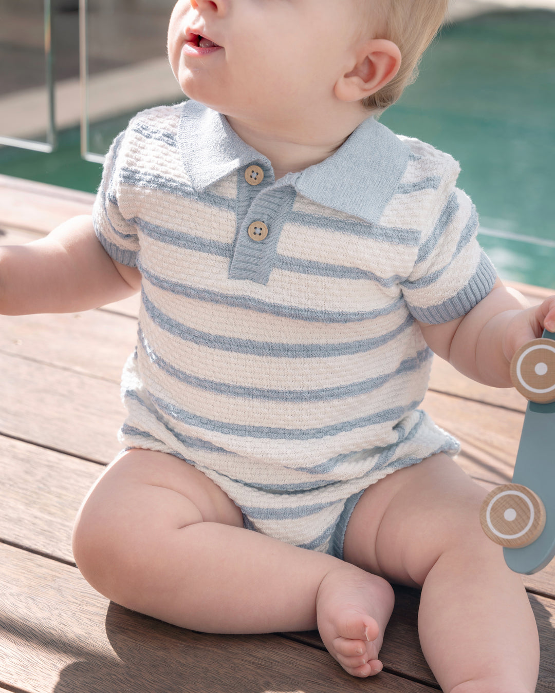 Bébé by Minihaha Brady Organic Cotton Polo Romper - Blue Stripe