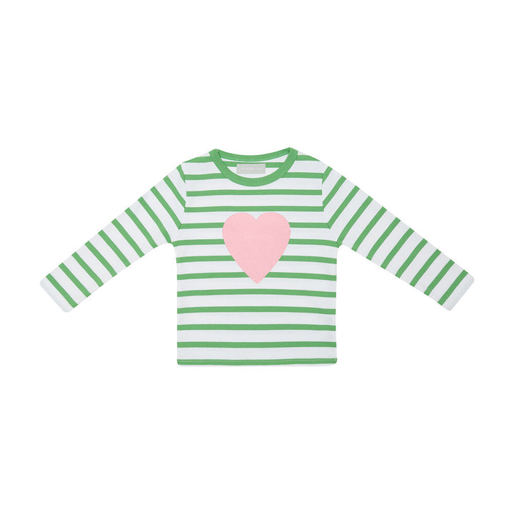 Bob & Blossom Breton Striped Love Heart Tee - Grass Green & White