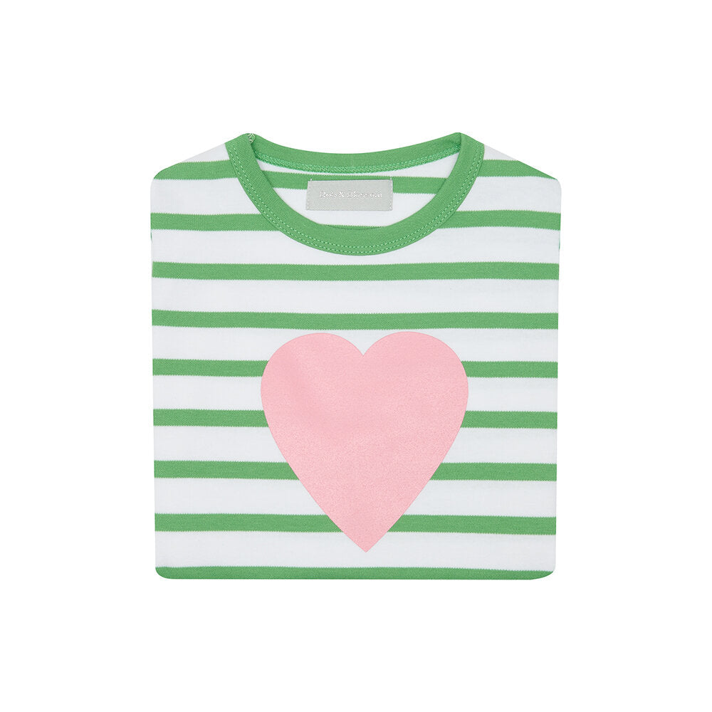 Bob & Blossom Breton Striped Love Heart Tee - Grass Green & White