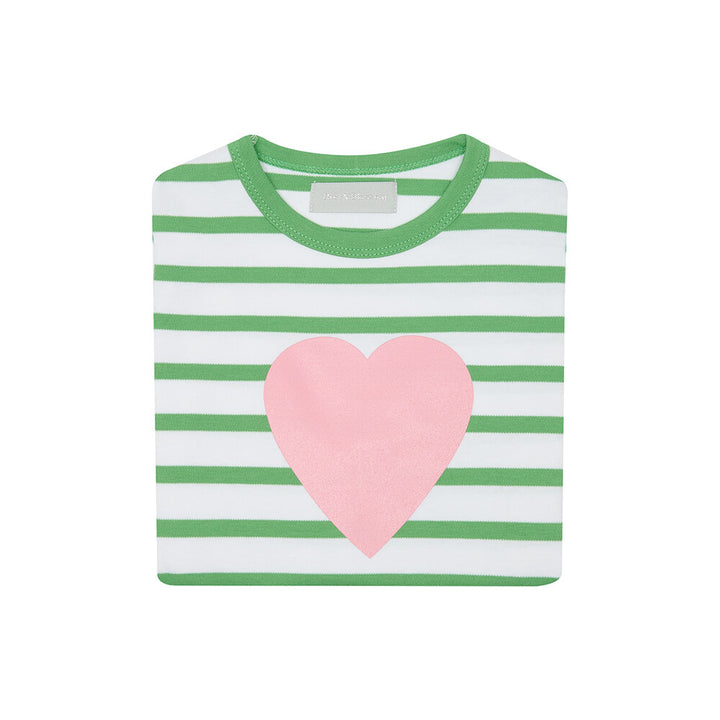 Bob & Blossom Breton Striped Love Heart Tee - Grass Green & White