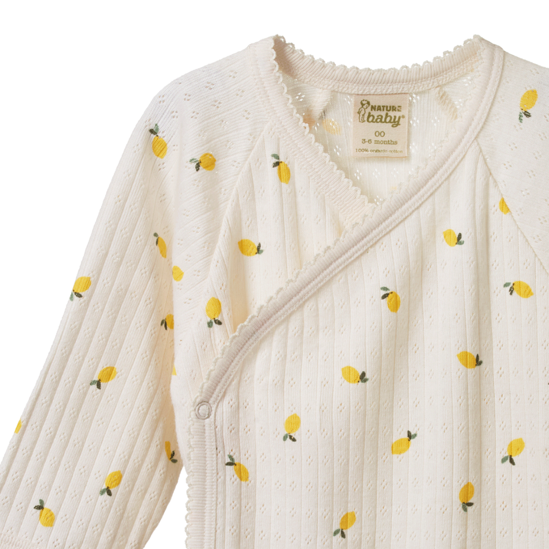 Nature Baby Pointelle Long Sleeve Kimono Bodysuit - Lemons