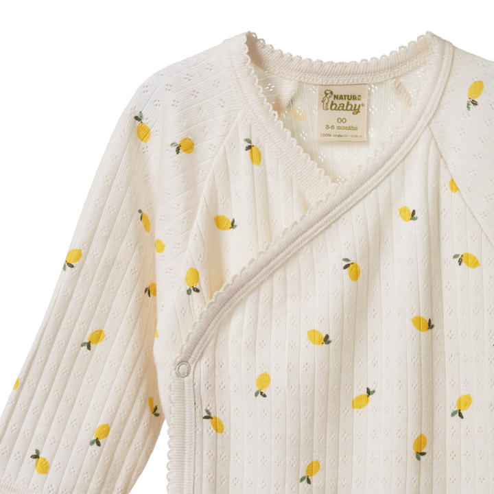 Nature Baby Pointelle Long Sleeve Kimono Bodysuit - Lemons