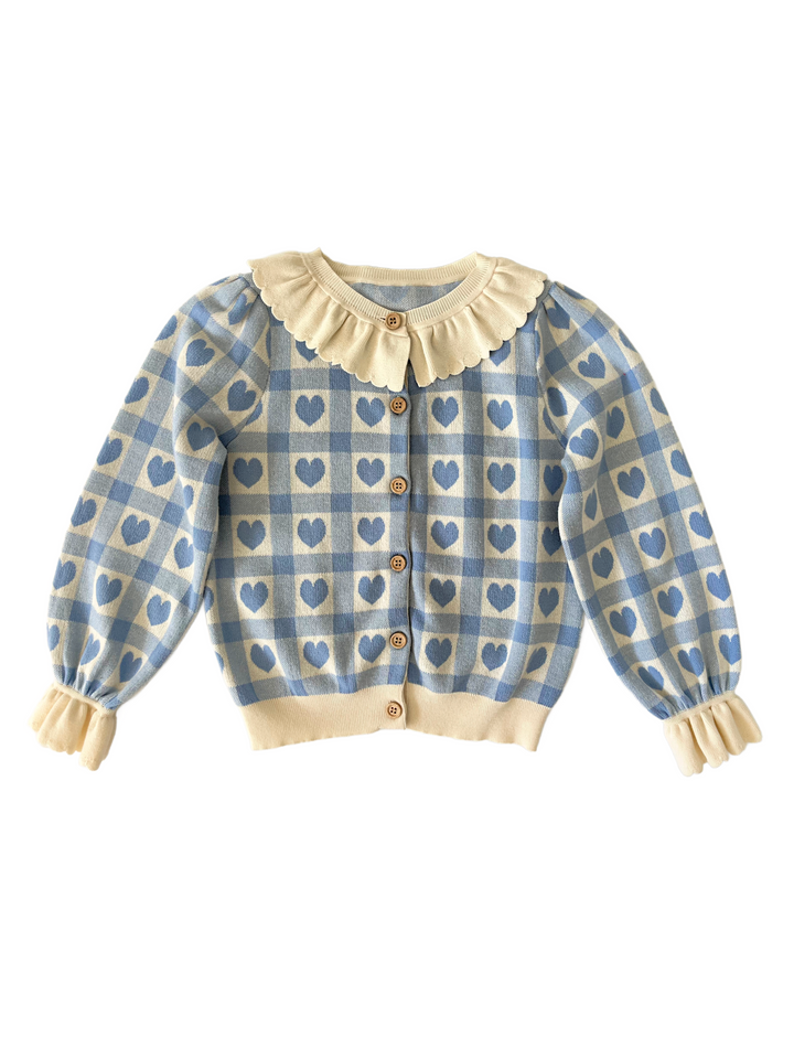 Elma Penelope Cardigan - Blue Checkered Hearts
