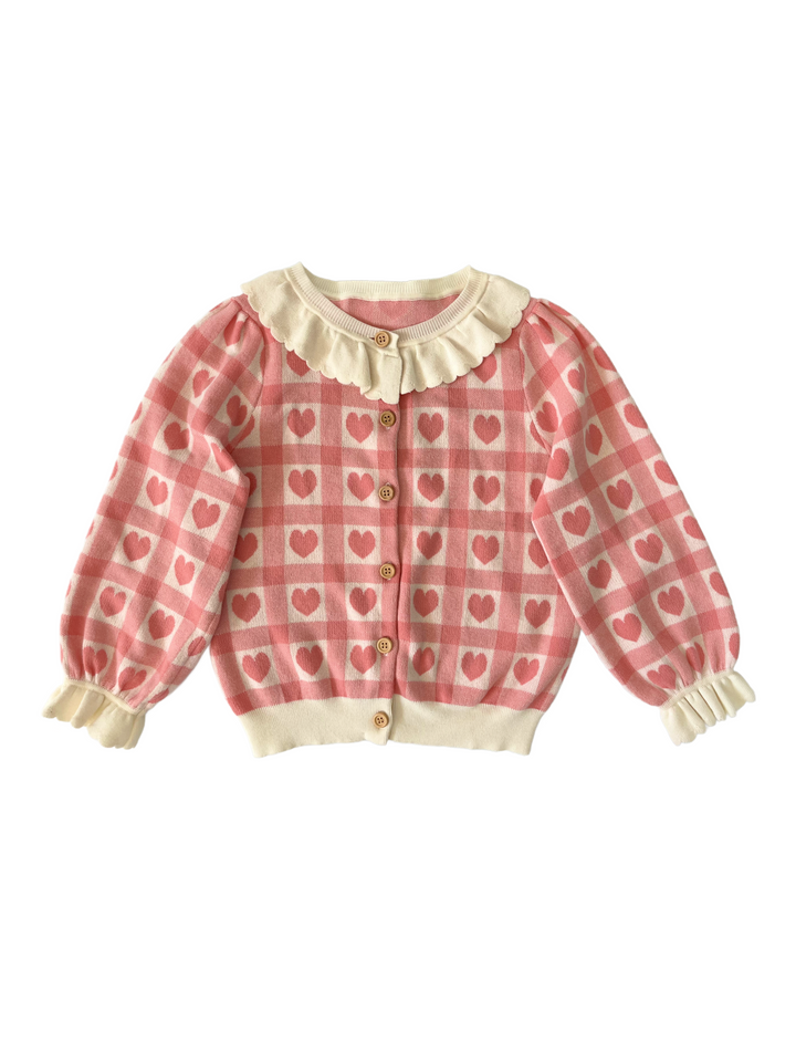 Elma Penelope Cardigan - Pink Checkered Hearts