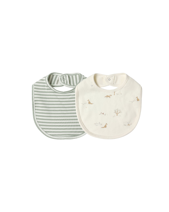 Quincy Mae Jersey Snap Bib 2 Pack - Fox Land, Fern Stripe