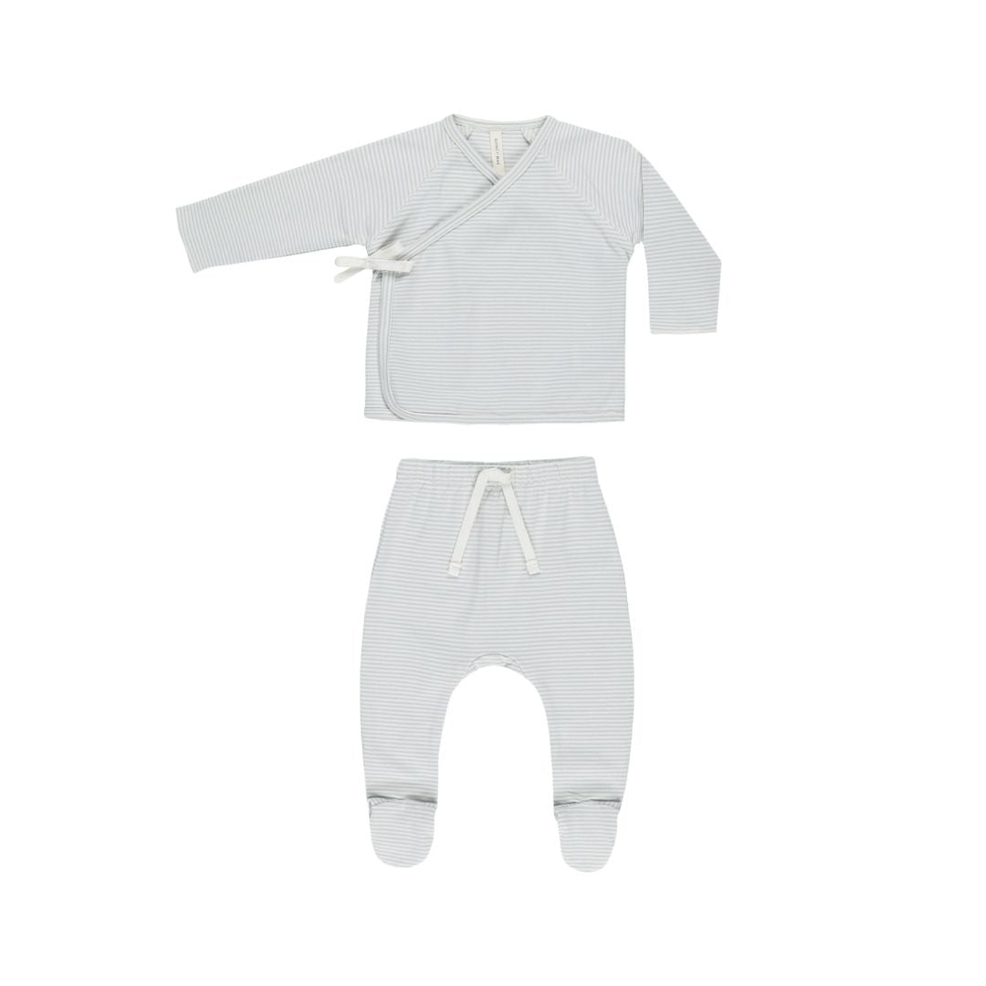 Quincy Mae - Wrap Top + Footed Pant Set - Sky Micro Stripe