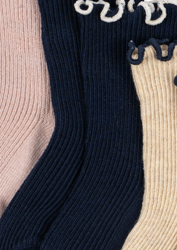 Konges Sløjd 3 Pack Rib Frill Socks - Navy/Cream/Blush