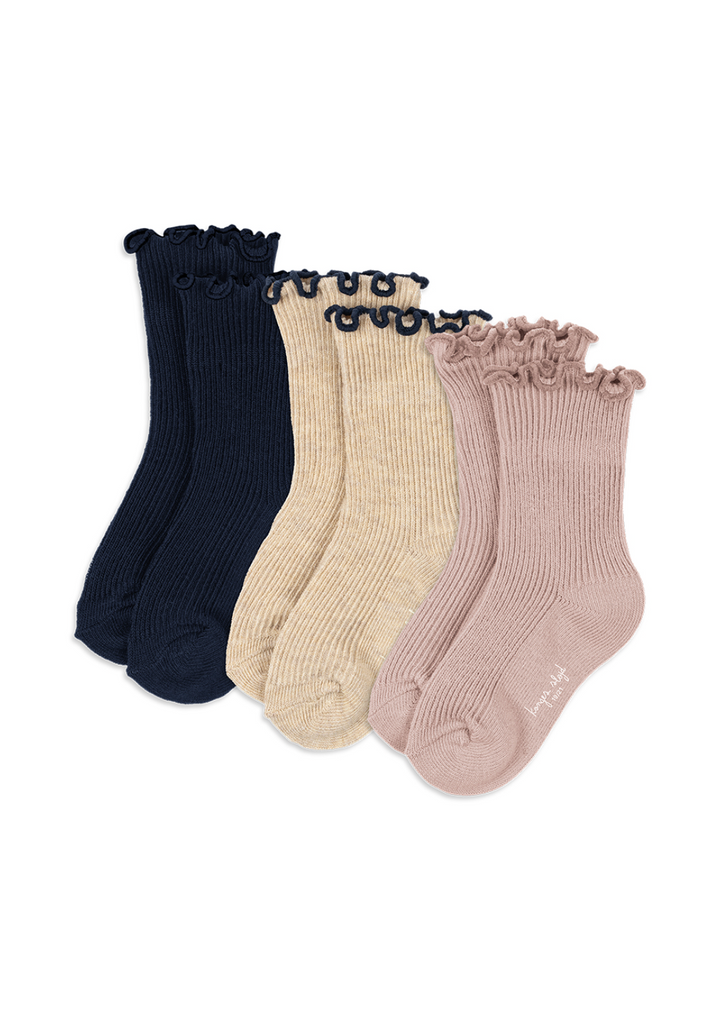 Konges Sløjd 3 Pack Rib Frill Socks - Navy/Cream/Blush